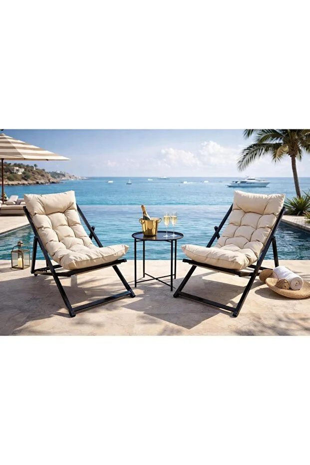 Minderli - Zetas Şezlong Seti Bahçe&balkon&teras&plaj Katlanır Ikili Set - 2 Şezlong 1 Sehpa